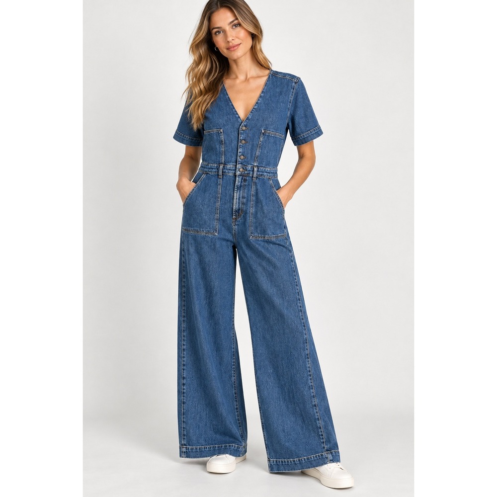 Rails Blue Moon Denim Jumpsuit Wide Leg V-Neck Button Front Blue XXL